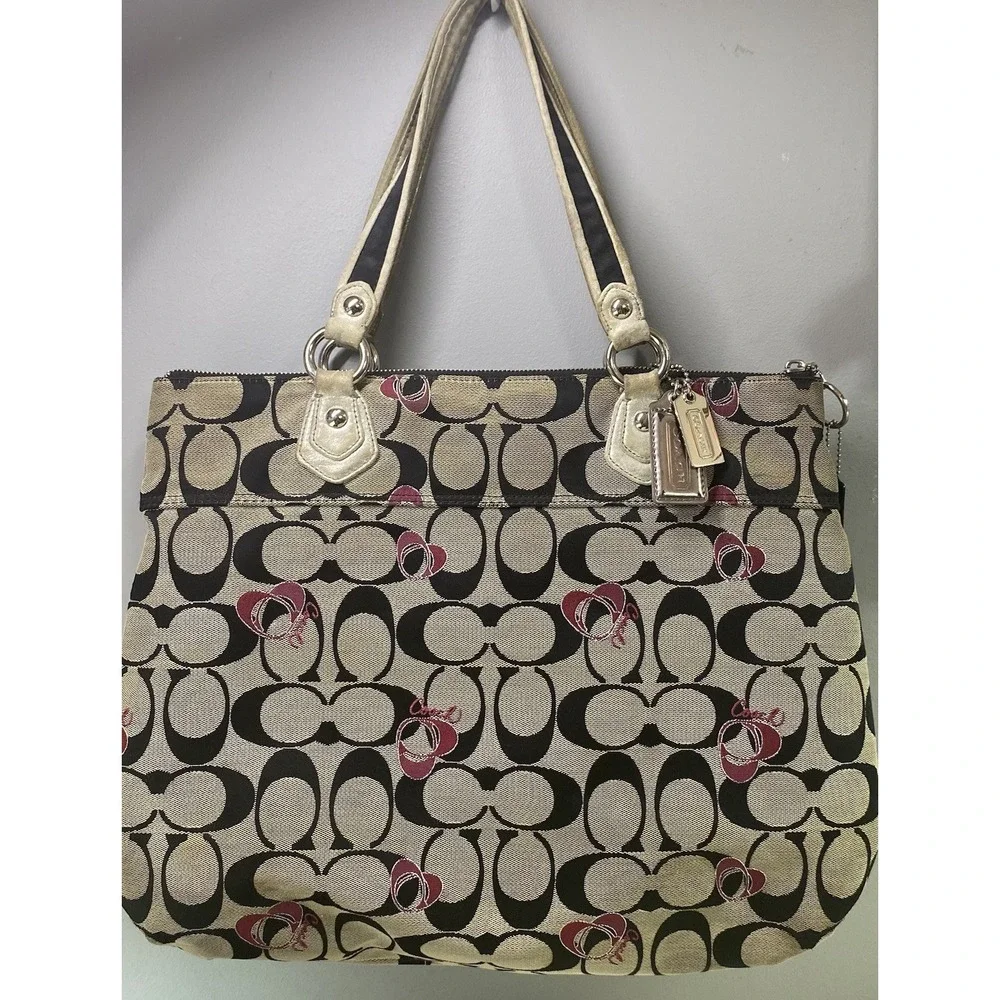 Coach Poppy Signature One Women Shoulder Bag Tan/Black/Pink‎ 13x17x4" Need Clean - Picture 3 of 16